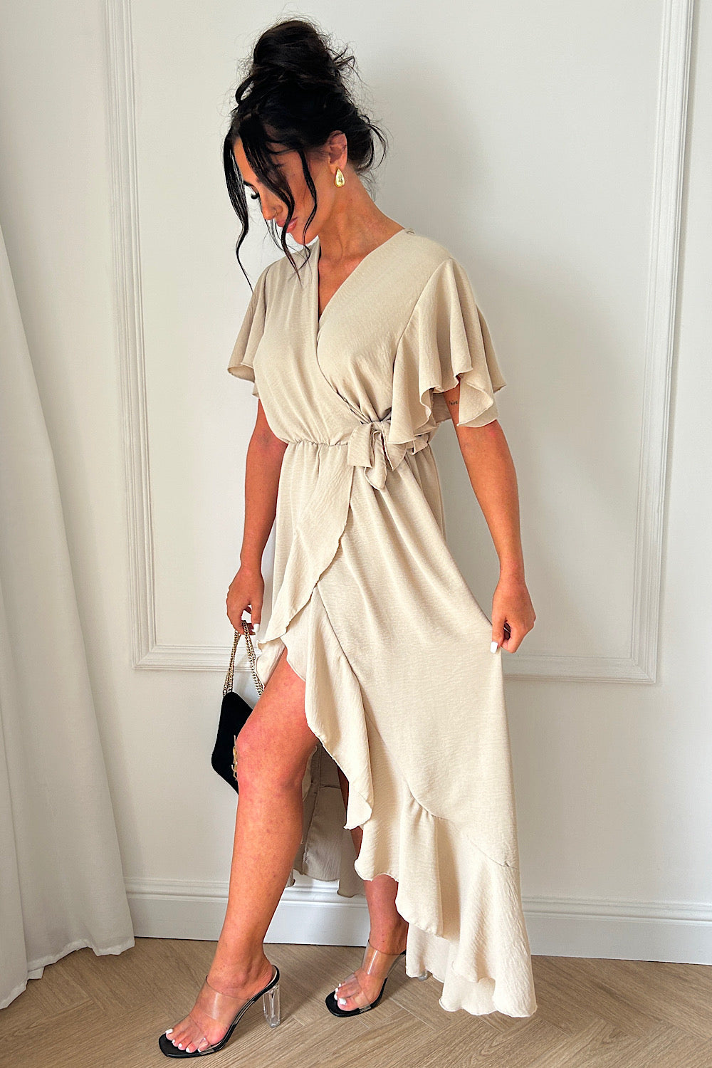 Tyla Beige Chiffon Tie Side Frill Maxi Dress The Fashion Bible