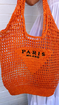 Paris Milano Orange Crochet Straw Tote Bag