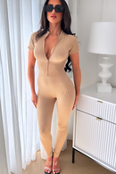 Khloe Beige Ribbed Zip Jumpsuit