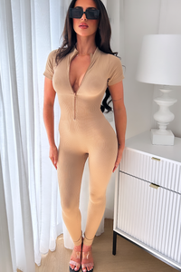 Khloe Beige Ribbed Zip Jumpsuit