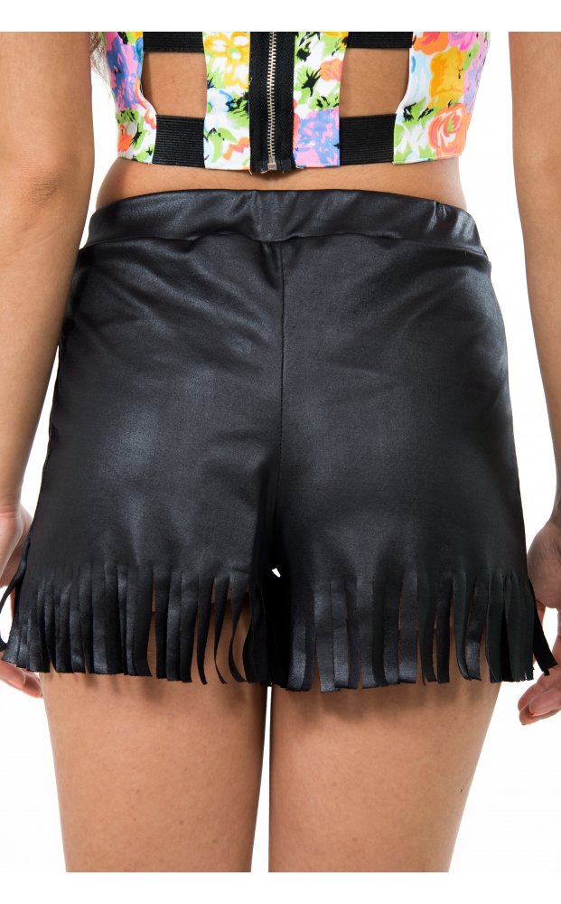 Black Night Sky Wet Look Fringe Shorts