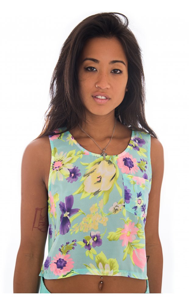 Eskarina Floral Cut Out Sheer Crop Top