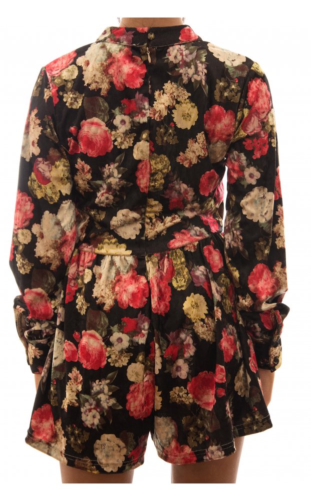 Autumn Breeze Velvet Floral Playsuit In Red