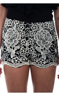 Black Daisy Print Lace Shorts