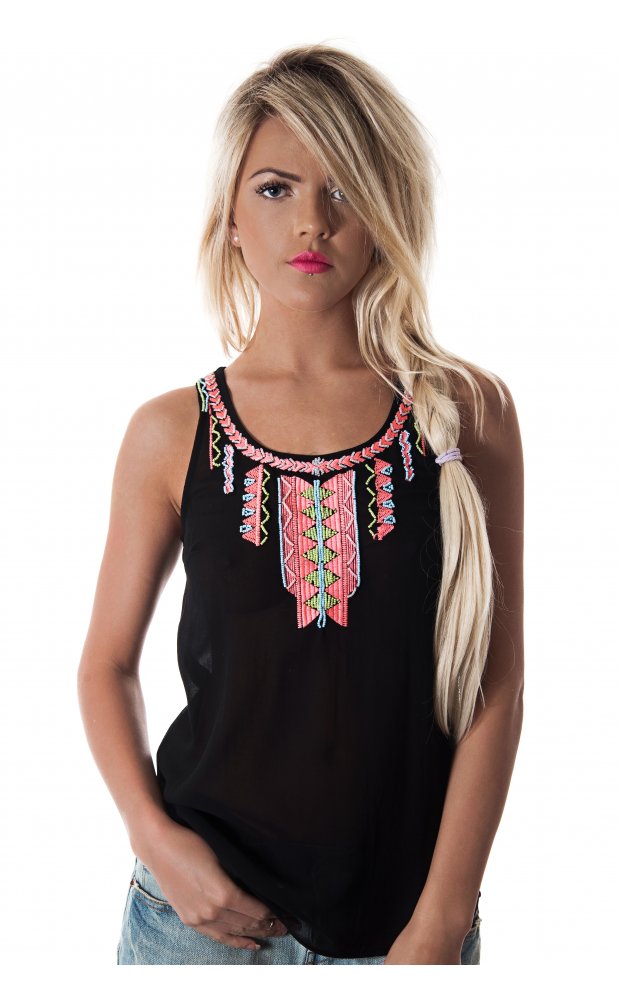 Marena Black Aztec Beaded Chiffon Vest Top