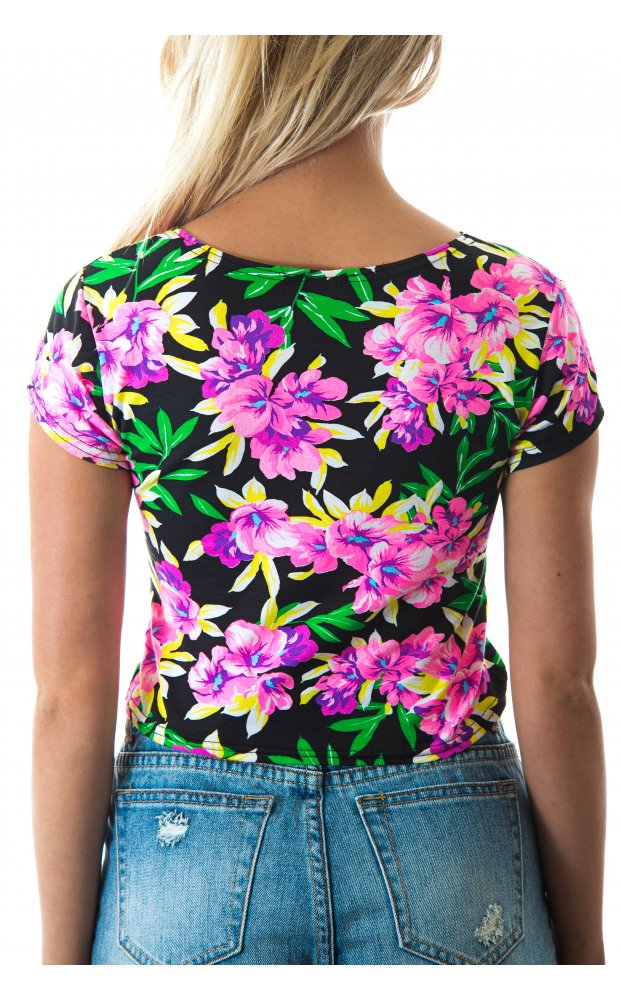 Black Daisy Print Crop Top