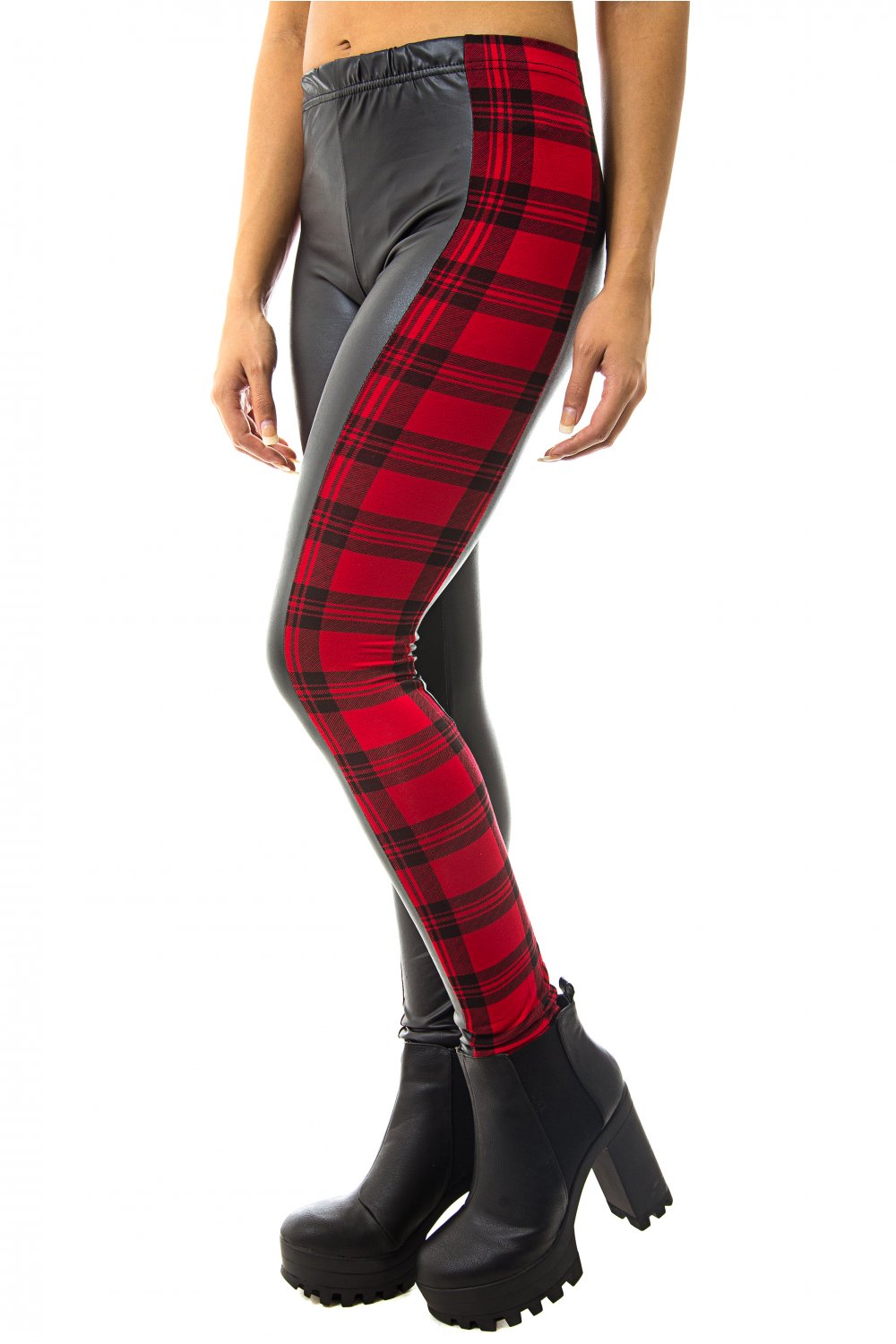 Wet Look Red Tartan Leggings