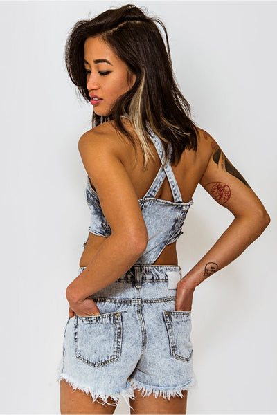 Blue Denim Stone Wash Strap Detail Dungarees