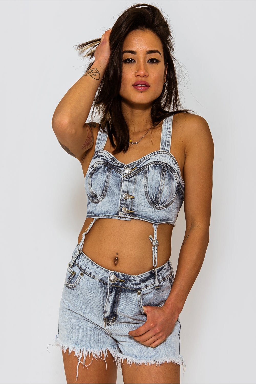 Blue Denim Stone Wash Strap Detail Dungarees