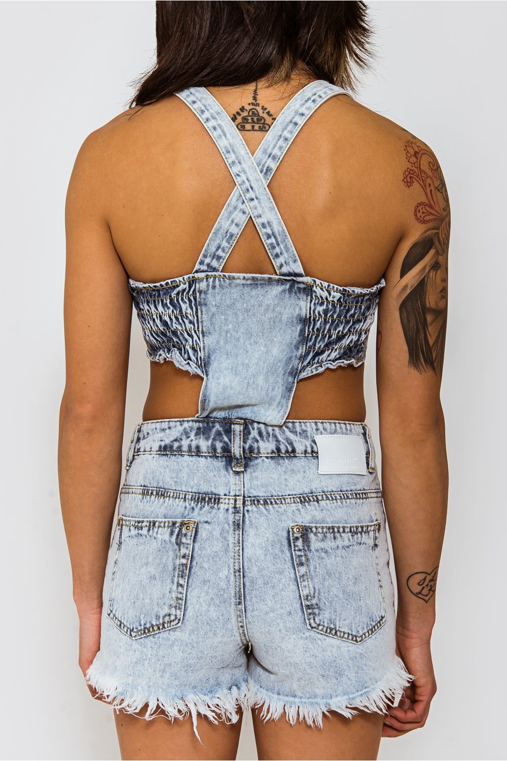 Blue Denim Stone Wash Strap Detail Dungarees