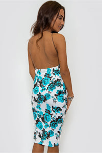 Blue Floral Backless Midi Dress