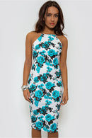 Blue Floral Backless Midi Dress