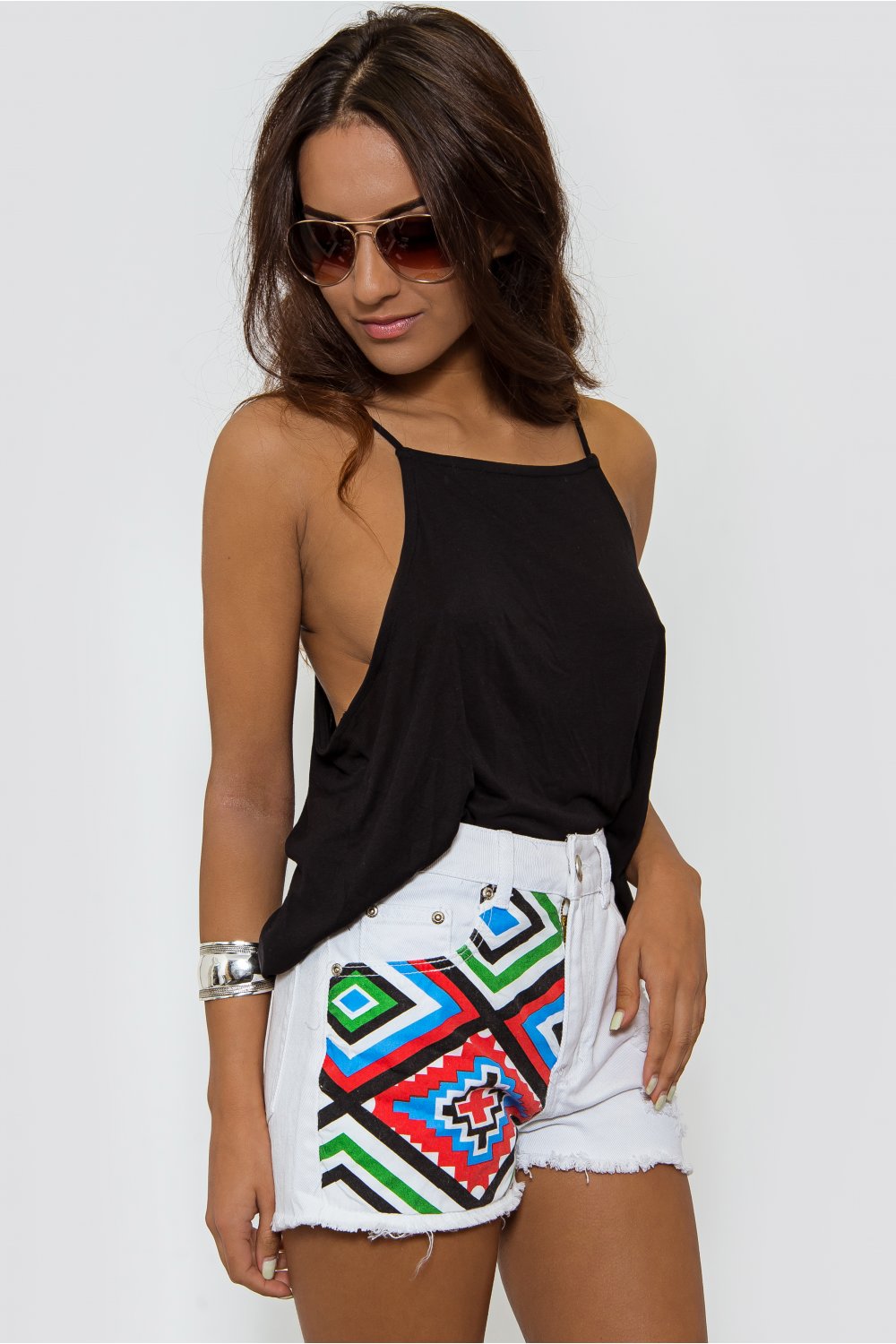 White Aztec Denim Shorts