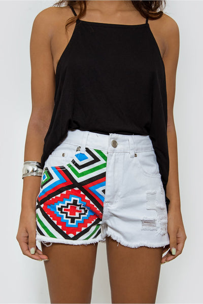 White Aztec Denim Shorts