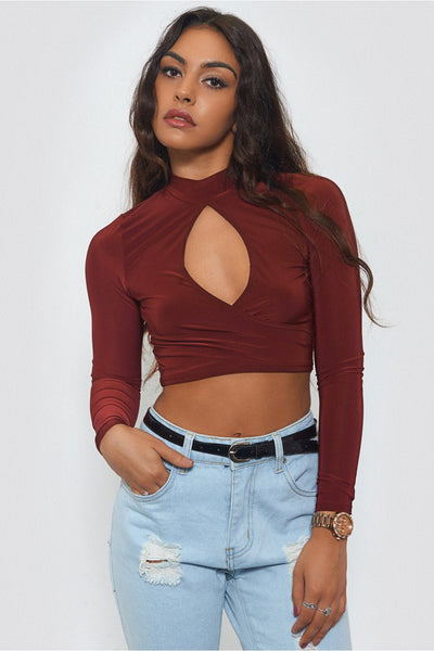 Burgundy High Neck Crop Top