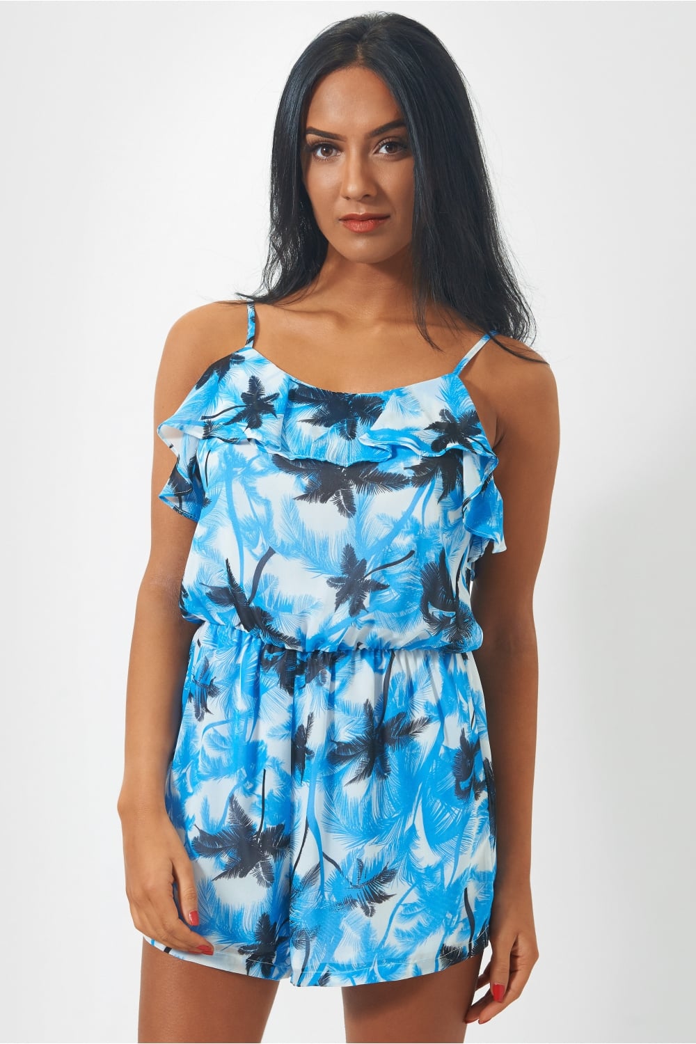 Blue Palm Print Frill Playsuit