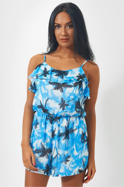 Blue Palm Print Frill Playsuit