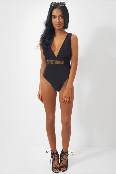 Gigi Gold Belted Black Bodysuit