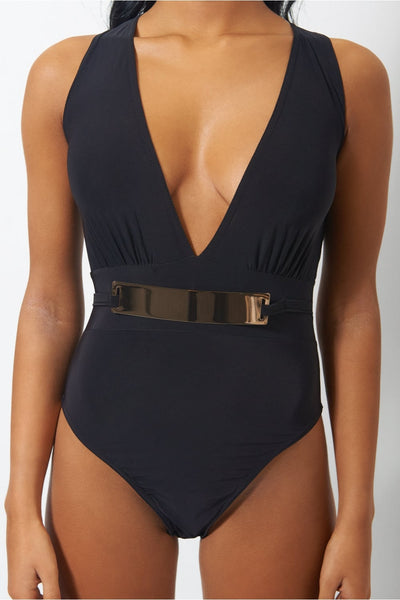 Gigi Gold Belted Black Bodysuit