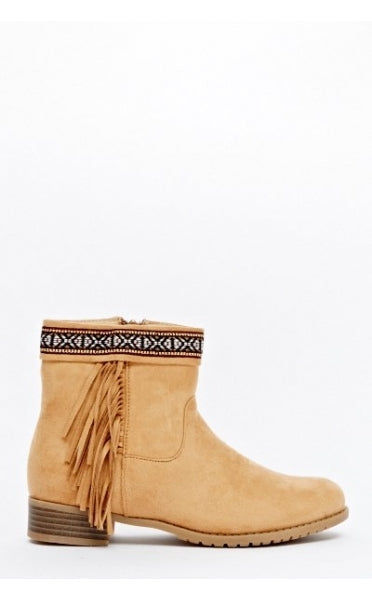 Tokyo Camel Suede Aztec Fringe Ankle Boots