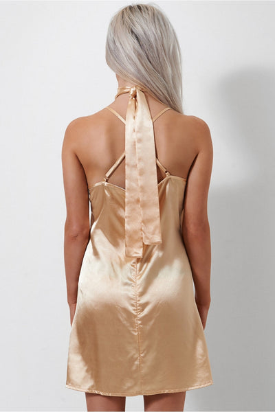 Siasa Gold Satin Choker Slip Dress