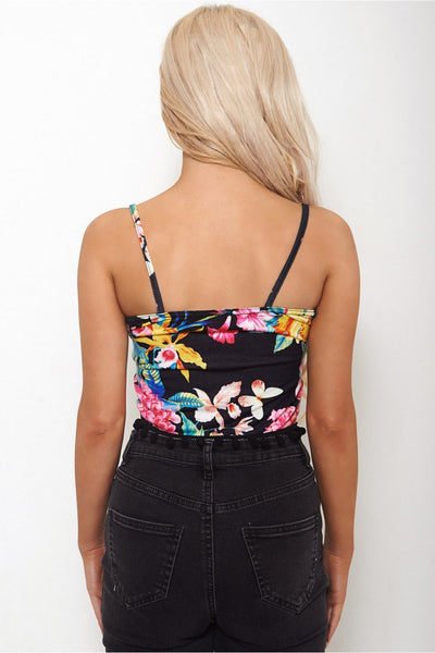 Black Floral Pom Pom Crop Top