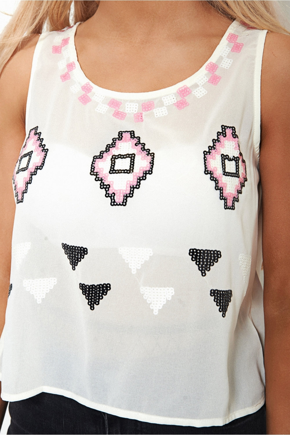 White Freedom Sequin Aztec Vest Top