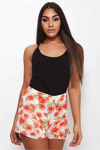 Daisy Red Floral High Waisted Pleated Shorts