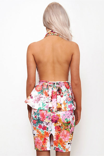 Pink Floral Backless Peplum Dress