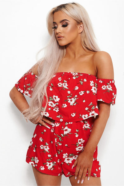 Motel Red Floral Bardot Playsuit