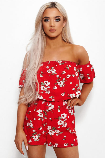 Motel Red Floral Bardot Playsuit