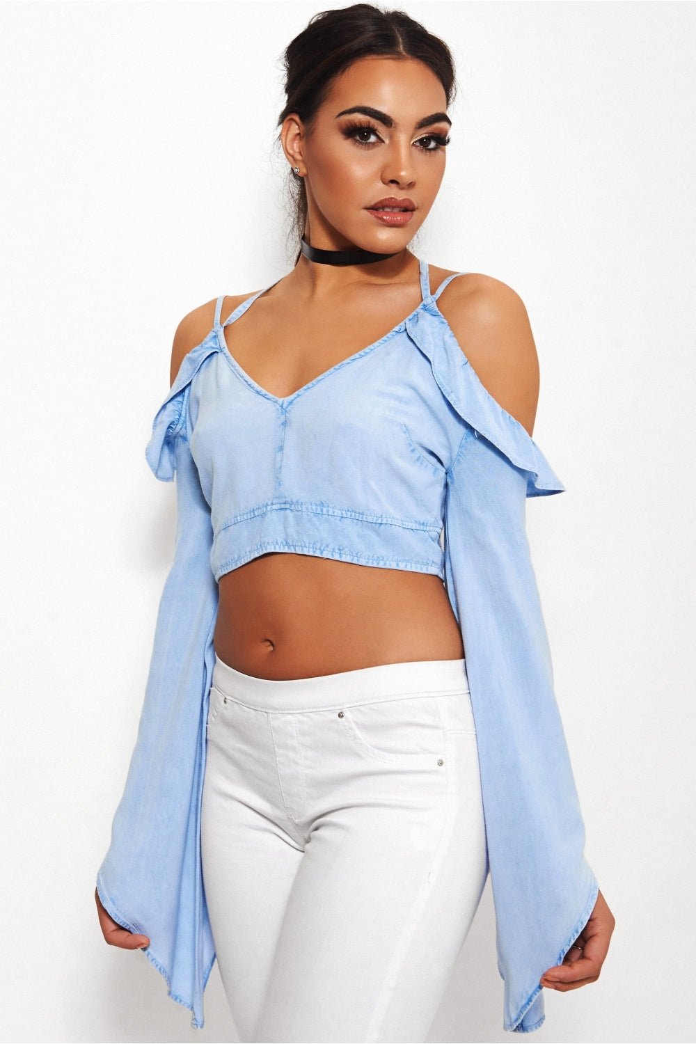 Fiji Chambray Cold Shoulder Cross Strap Top