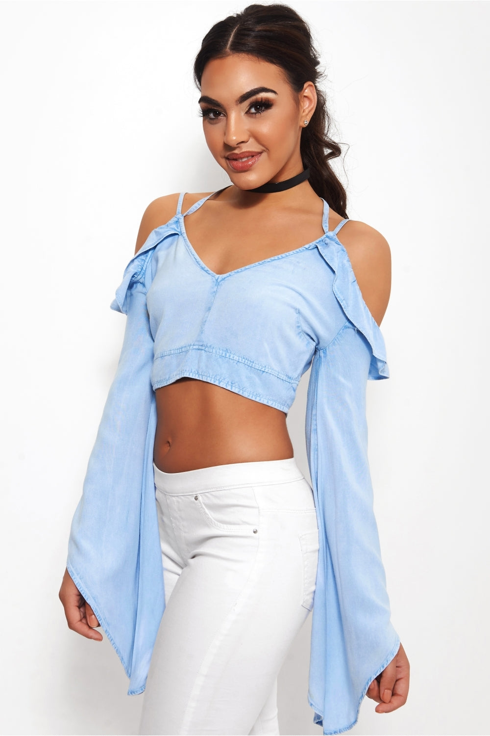 Fiji Chambray Cold Shoulder Cross Strap Top