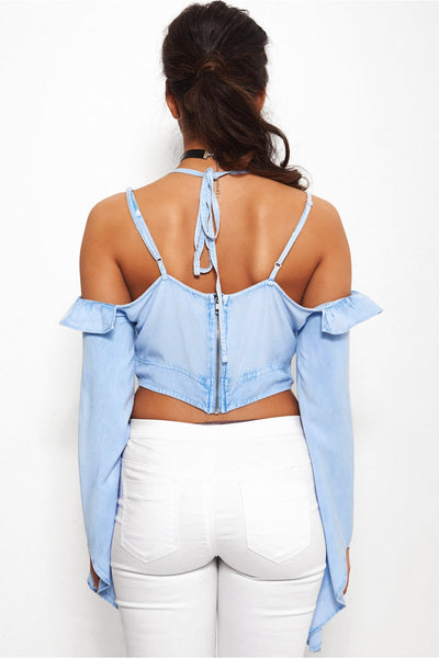 Fiji Chambray Cold Shoulder Cross Strap Top