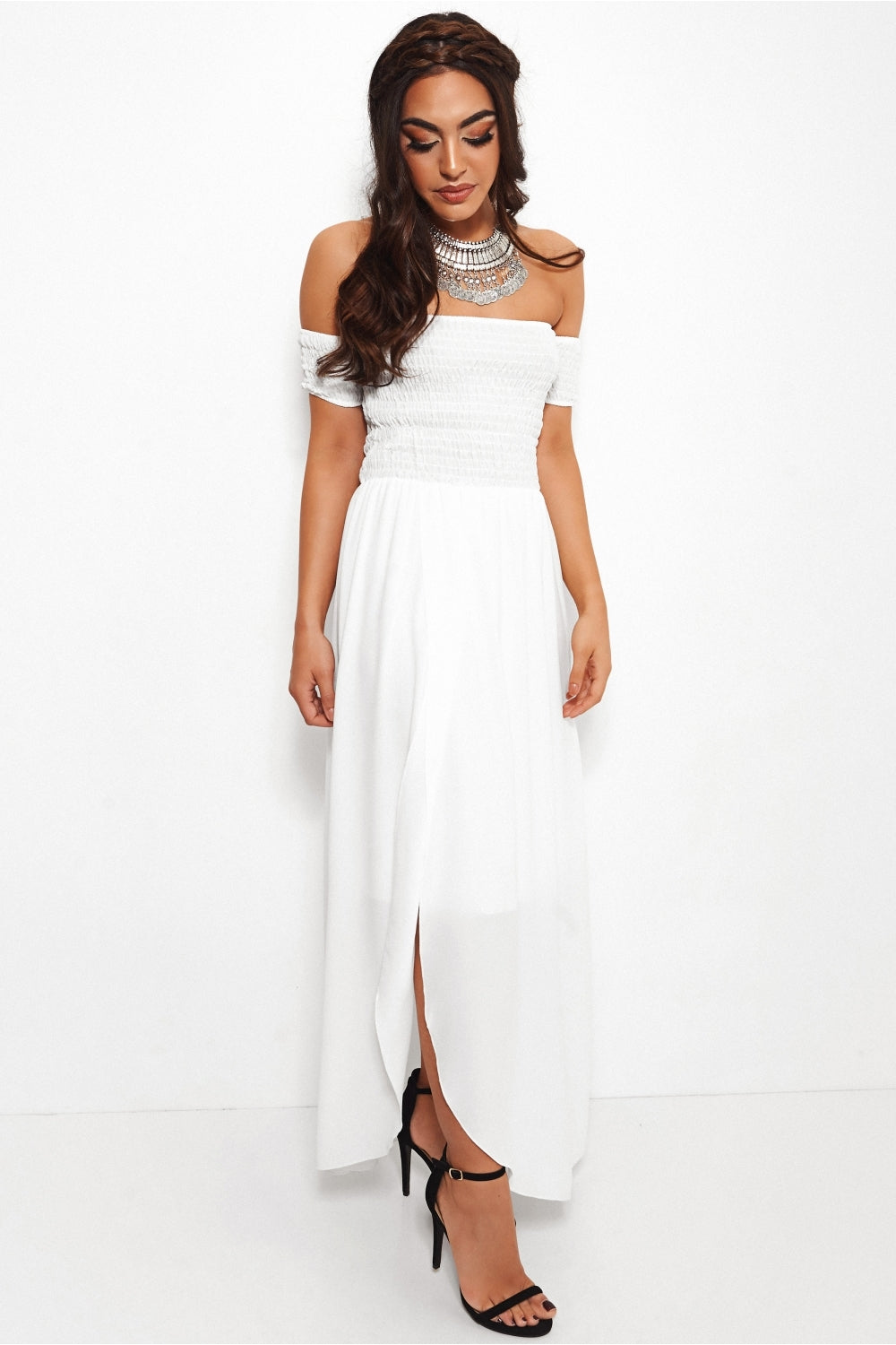 Sissi White Front Split Bardot Dress