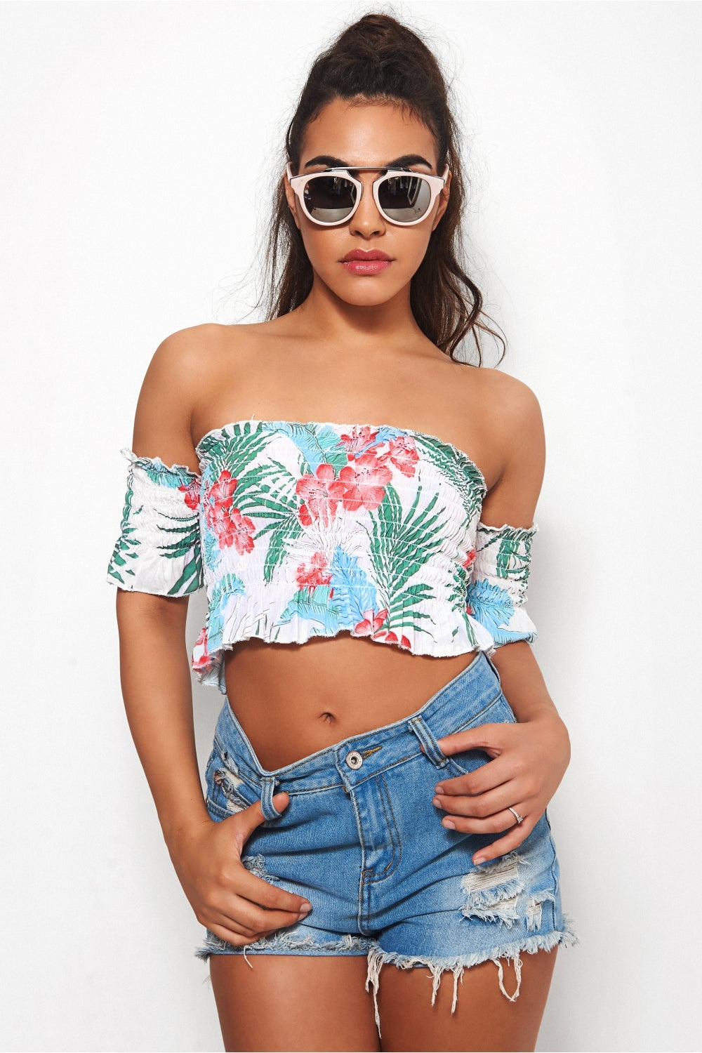 Ari Tropical Print Bardot Top