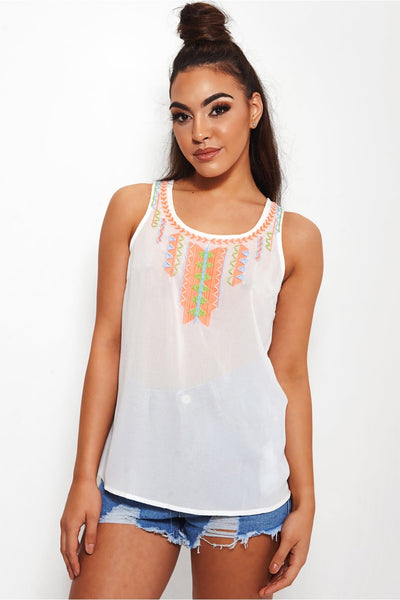 Marena White Aztec Beaded Chiffon Vest Top