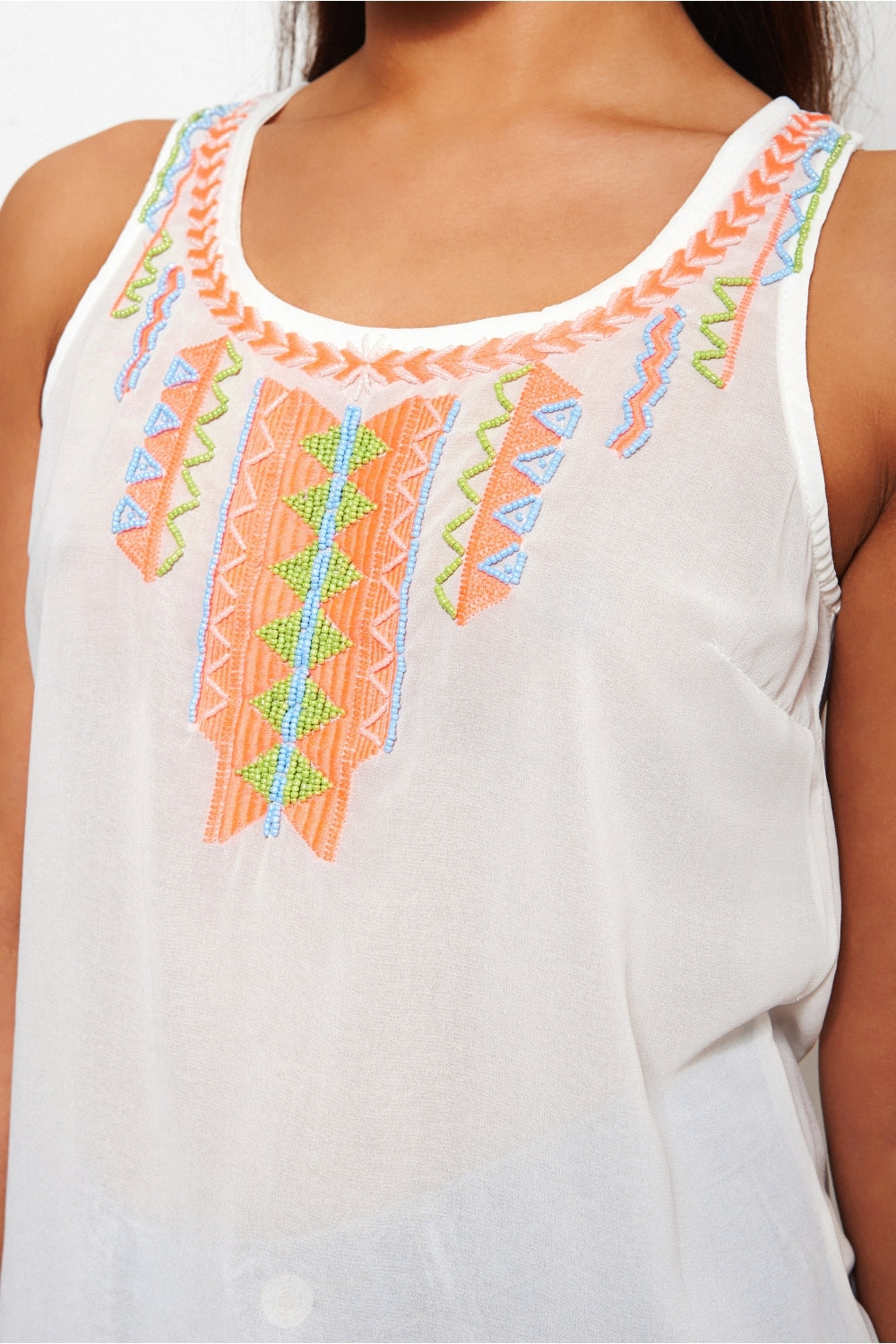 Marena White Aztec Beaded Chiffon Vest Top