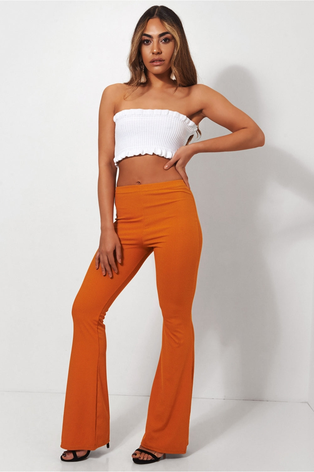 Skinny Rib Mustard Flared Trousers