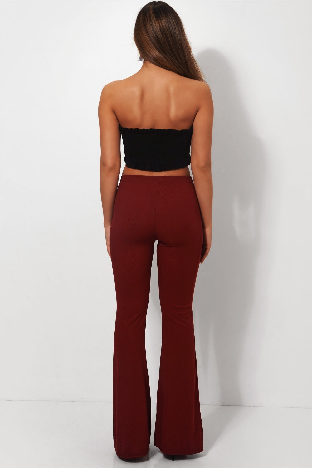 Skinny Rib Burgundy Flared Trousers