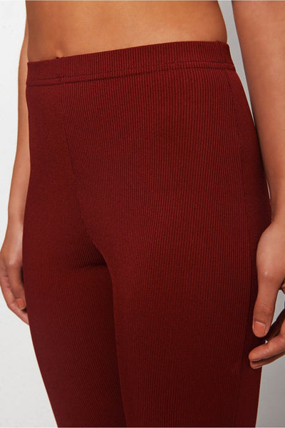 Skinny Rib Burgundy Flared Trousers