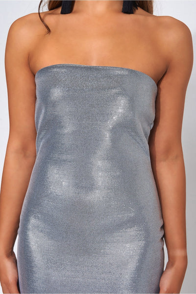 Silver Glitter Strapless Bodycon Dress