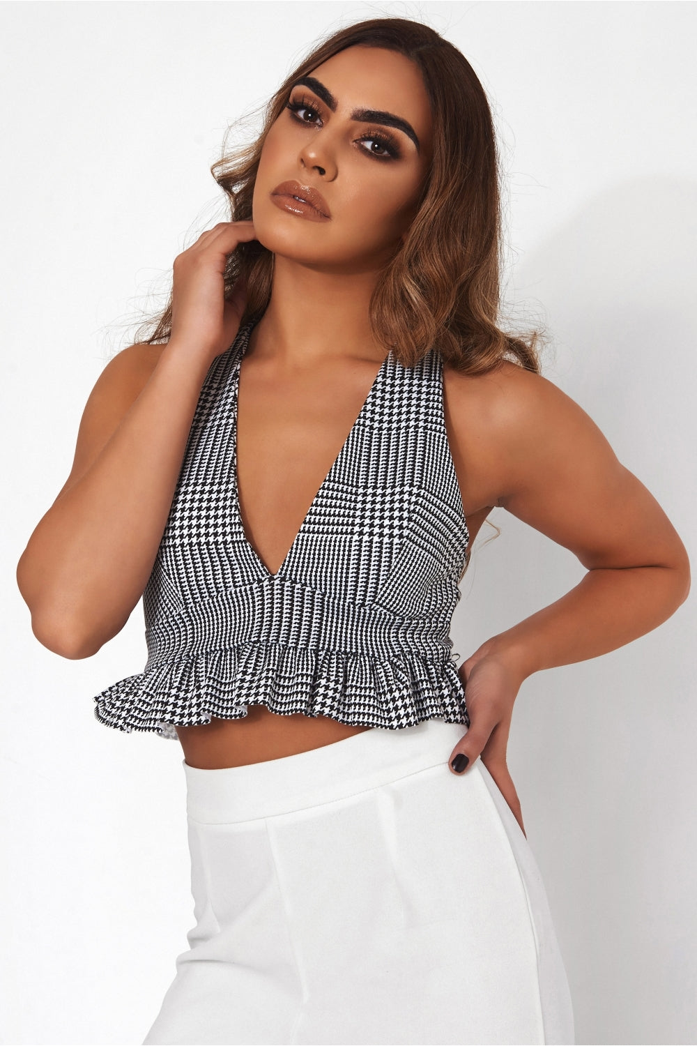 Houndstooth Frill Crop Top