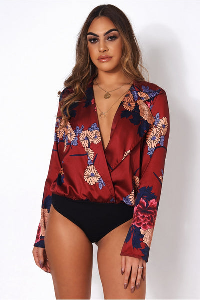 Nova Burgundy Satin Floral Print Bodysuit