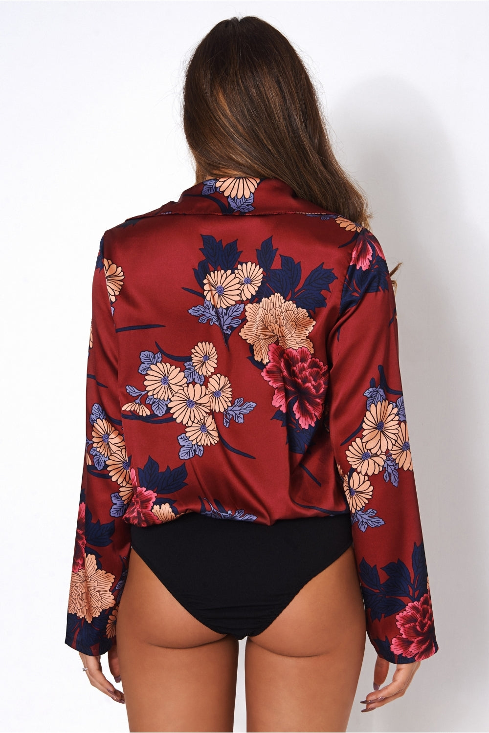 Nova Burgundy Satin Floral Print Bodysuit