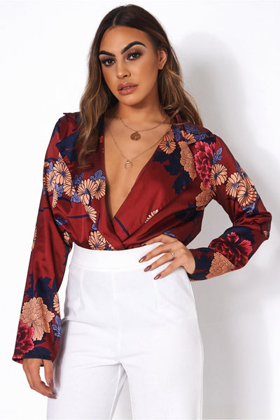 Nova Burgundy Satin Floral Print Bodysuit