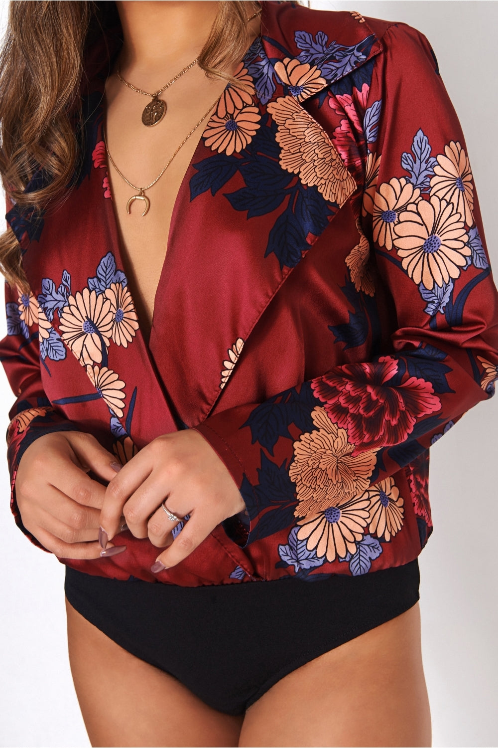 Nova Burgundy Satin Floral Print Bodysuit