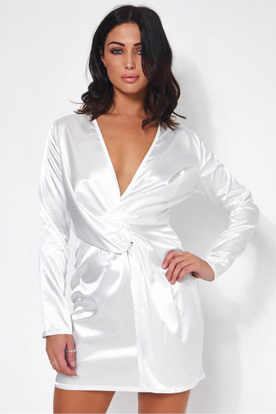 White Satin Twist Front Mini Dress