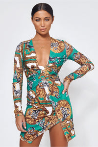 Green Baroque Print Twist Front Mini Dress