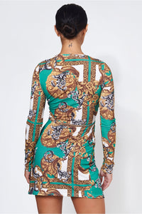 Green Baroque Print Twist Front Mini Dress